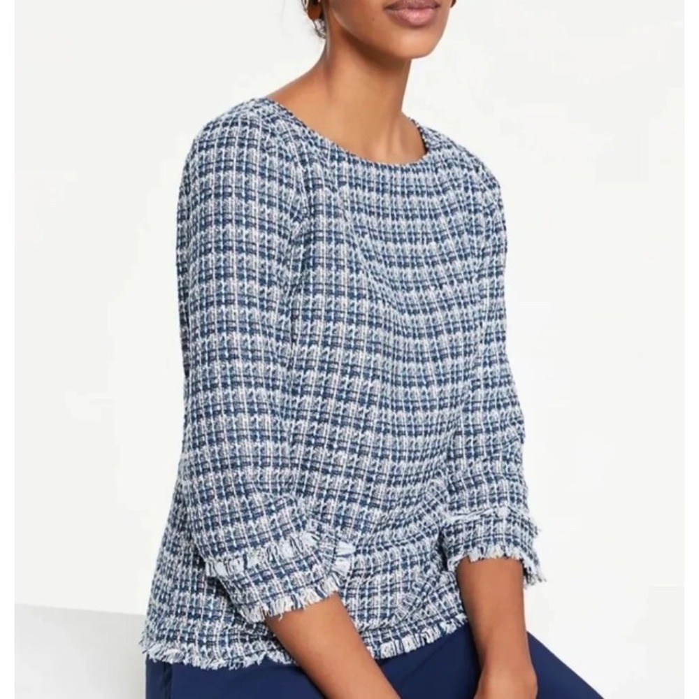 Ann Taylor Blue Tweed Fringe Boxy Blouse 12 Preppy Career Old Money Business